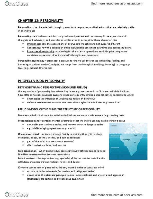 PSY100H1 Lecture Notes - Lecture 12: Sigmund Freud, Unconscious Mind, Preconscious thumbnail