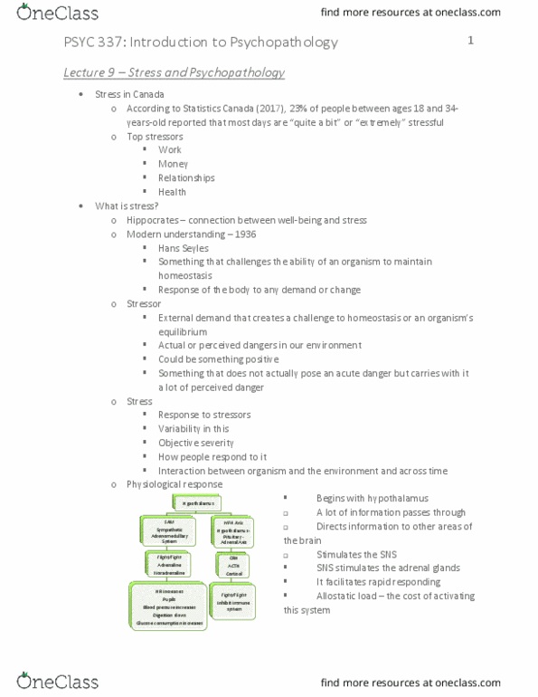 PSYC 337 Lecture Notes - Lecture 9: Allostatic Load, Psychopathology, Adrenocorticotropic Hormone thumbnail