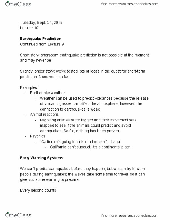EARTHSC 2GG3 Lecture Notes - Lecture 10: Earthquake Weather, Earthquake Prediction, Subduction thumbnail