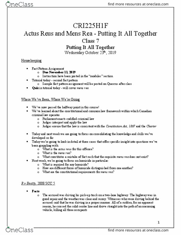 CRI225H1 Lecture Notes - Lecture 7: Actus Reus, Criminal Law Of Canada, Mens Rea thumbnail