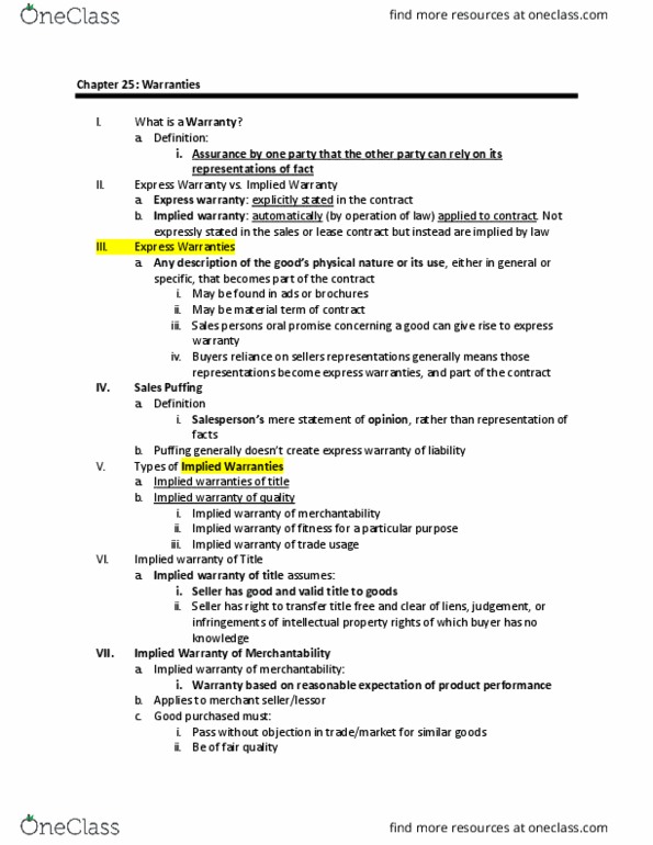 BUS 332WI Lecture Notes - Lecture 11: Implied Warranty, Final Good thumbnail