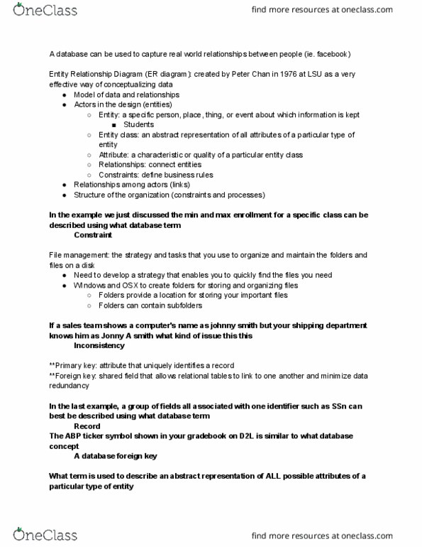 MIS 111 Lecture Notes - Lecture 13: Foreign Key, Data Redundancy, Unique Key thumbnail