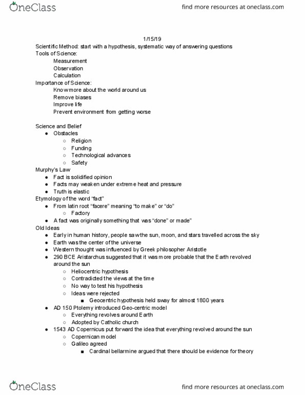 HWRS 170A1 Lecture Notes - Lecture 1: Robert Bellarmine, Geocentric Model, Old Ideas thumbnail