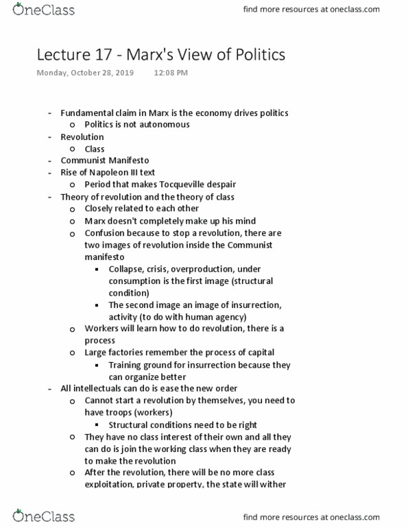 SOCI 330 Lecture Notes - Lecture 17: The Communist Manifesto, Alexis De Tocqueville, False Consciousness thumbnail
