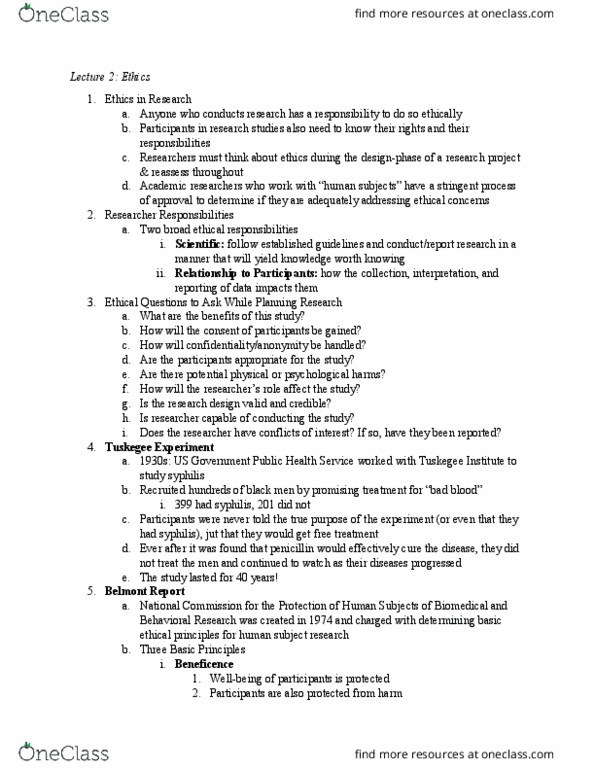 COMM 228 Lecture Notes - Lecture 2: Belmont Report, Syphilis, Penicillin thumbnail