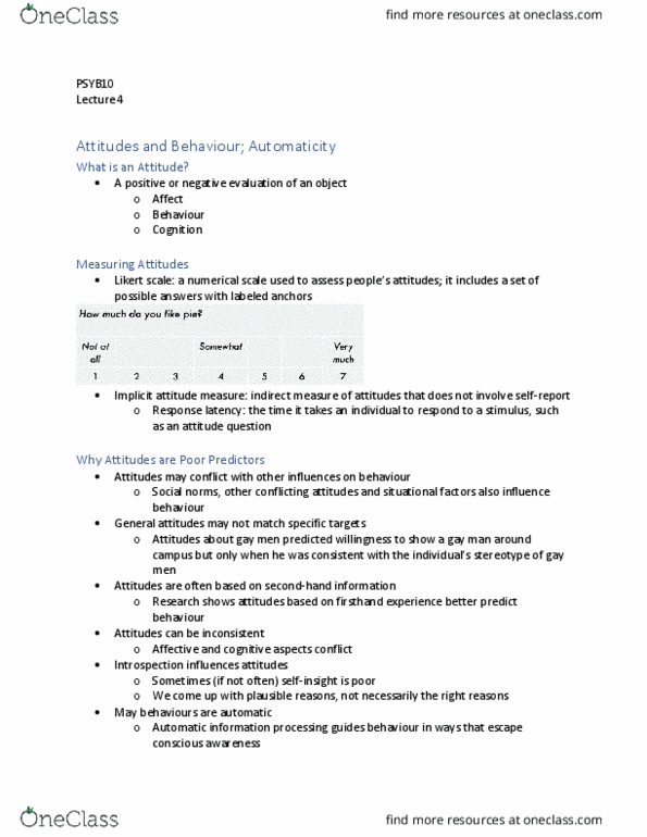 PSYB10H3 Lecture Notes - Lecture 4: Likert Scale, Implicit Attitude, Automaticity thumbnail