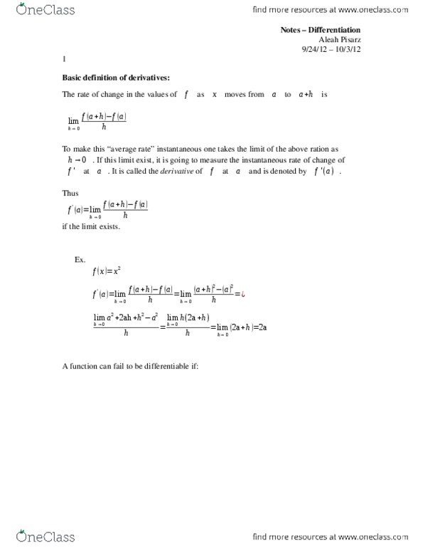 MATH 140 Lecture : Notes Differentiation WITH THE ANSWERS thumbnail