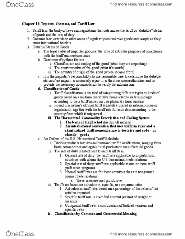 BSL 412 Chapter Notes - Chapter 12: Permanent Normal Trade Relations, Ad Valorem Tax, Customs Valuation thumbnail