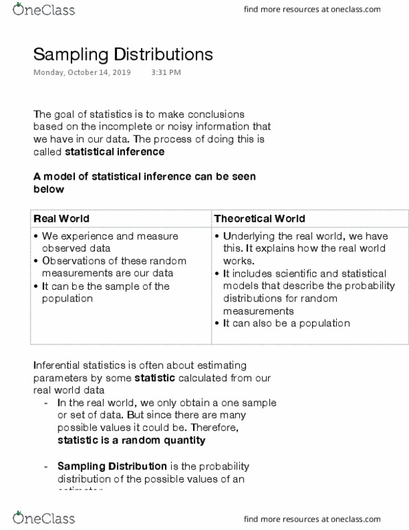 STA220H1 Chapter Notes - Chapter 4: Sampling Distribution, Statistical Inference thumbnail