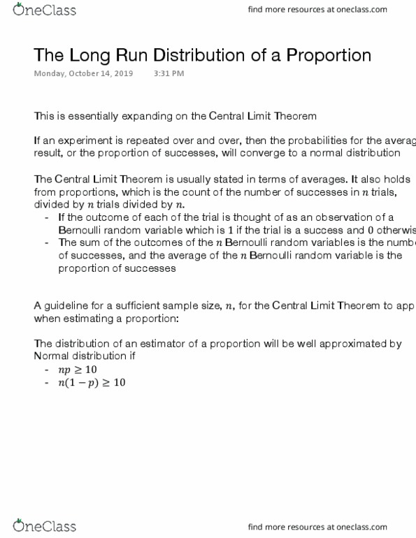 STA220H1 Chapter Notes - Chapter 4: Bernoulli Distribution, Central Limit Theorem thumbnail