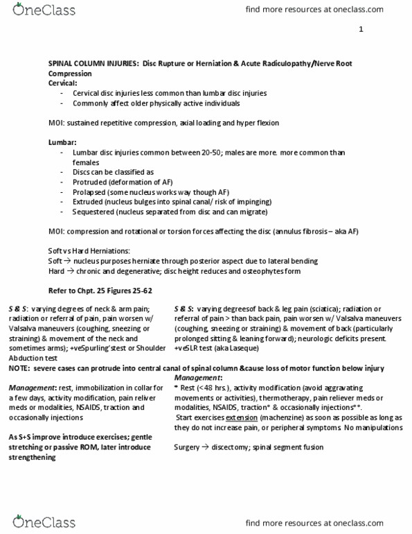 KIN 3160 Lecture Notes - Lecture 14: Spinal Canal, Heat Therapy, Discectomy thumbnail