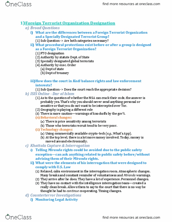 LAW 796 Lecture Notes - Lecture 32: United States State Department List Of Foreign Terrorist Organizations, Specially Designated Terrorist, Miranda Warning thumbnail