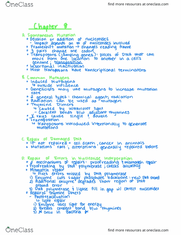 BIOL 275 Chapter Notes - Chapter 8: Frameshift Mutation, Dna Mismatch Repair, Photolyase thumbnail