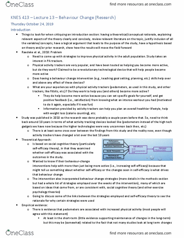 KNES 413 Lecture Notes - Lecture 13: Social Cognitive Theory, Pedometer, Goal Setting thumbnail