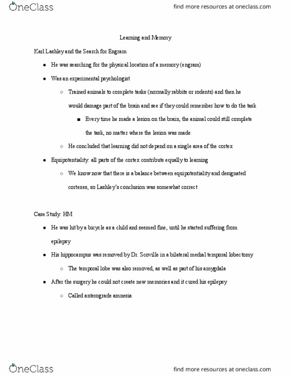 NSCI 3300 Lecture Notes - Lecture 12: Karl Lashley, Anterograde Amnesia, Temporal Lobe thumbnail