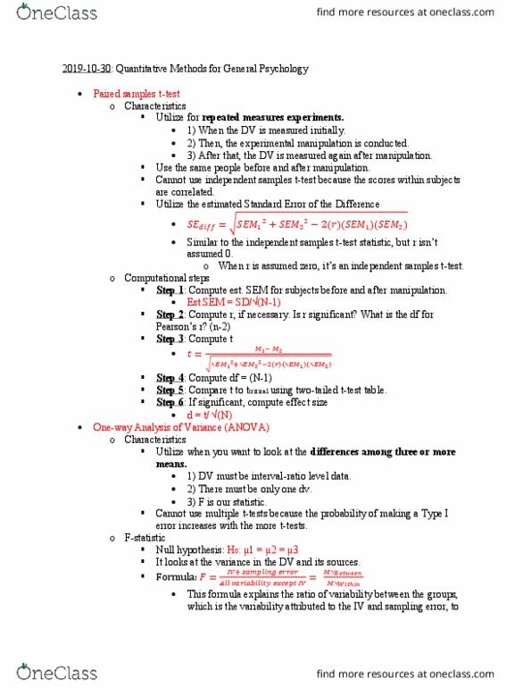 01:830:200 Lecture Notes - Lecture 26: Type I And Type Ii Errors, Null Hypothesis, Repeated Measures Design thumbnail
