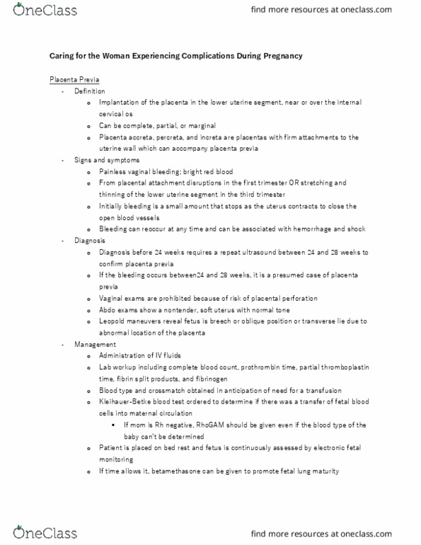 NURSING 3SS3 Lecture Notes - Lecture 2: Placenta Praevia, Placenta Accreta, Partial Thromboplastin Time thumbnail