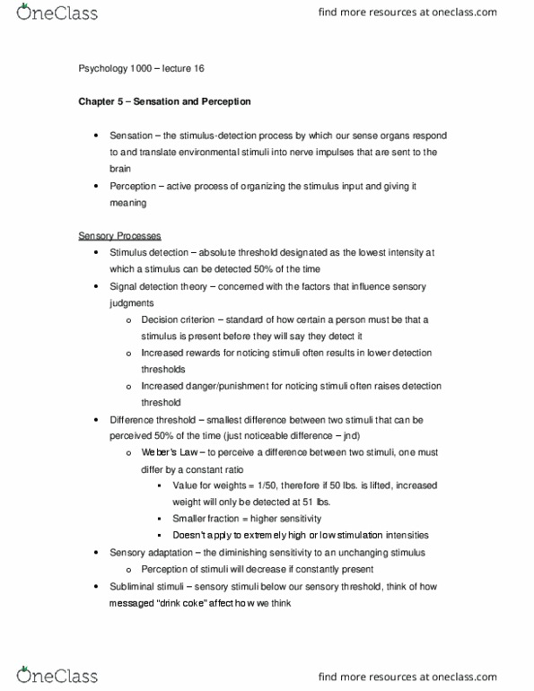 Psychology 1000 Lecture Notes - Lecture 16: Detection Theory, Subliminal Stimuli, Sensory Threshold cover image