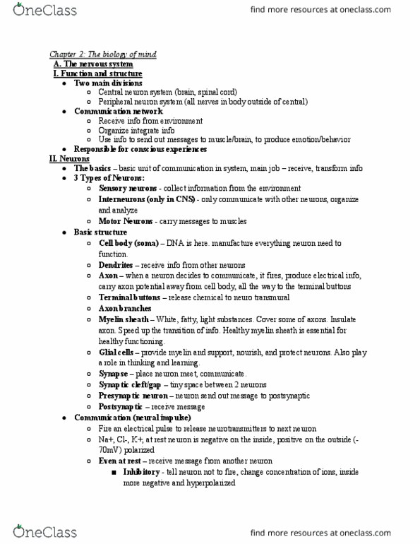 PSY 1101 Lecture Notes - Lecture 2: Myelin, Peripheral Nervous System, Telecommunications Network thumbnail