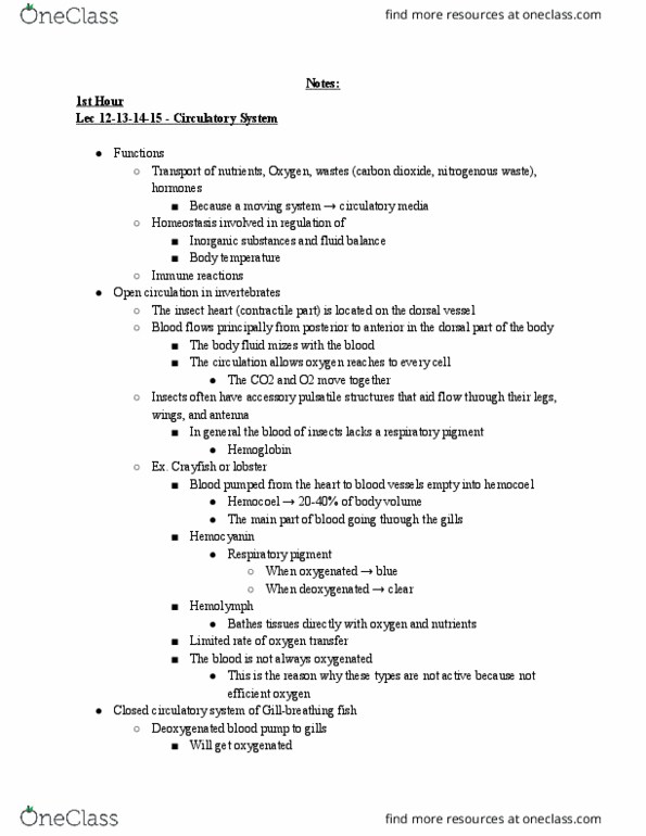 BIO310H5 Lecture Notes - Lecture 13: Respiratory Pigment, Circulatory System, Hemocyanin thumbnail