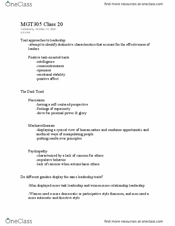 MGT 305 Lecture Notes - Lecture 20: Machiavellianism, Narcissism, Psychopathy thumbnail