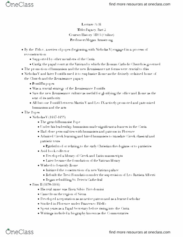 HISTORY 3H03 Lecture Notes - Lecture 14: Francesco Filelfo, Patristics, Pope Pius Ii thumbnail