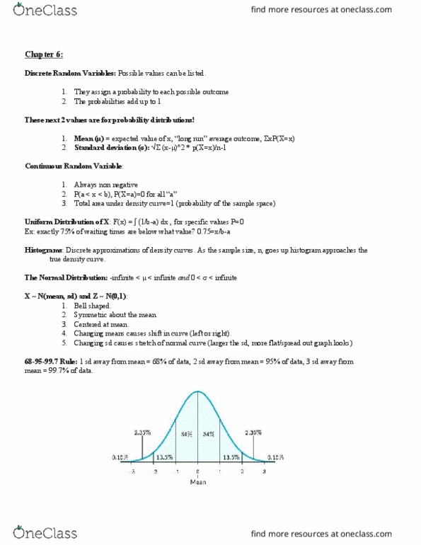 STAT 3011 Chapter Notes - Chapter 6: Normal Distribution, Random Variable, Sample Space thumbnail