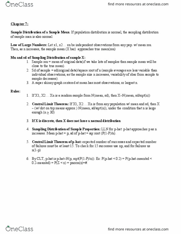 STAT 3011 Chapter Notes - Chapter 7: Central Limit Theorem, Sampling Distribution thumbnail