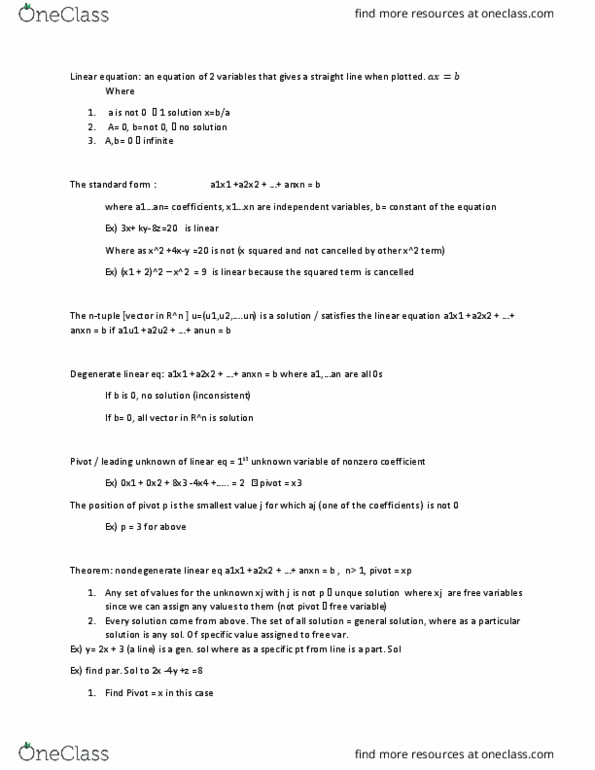 CISC 5420 Lecture Notes - Lecture 7: Linear Equation, Free Variables And Bound Variables, Solution Set thumbnail