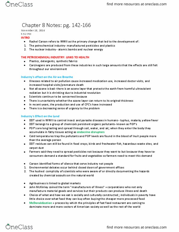 Health Sciences 1002A/B Lecture Notes - Lecture 6: Rachel Carson, Petrochemical Industry, John Mckinley thumbnail