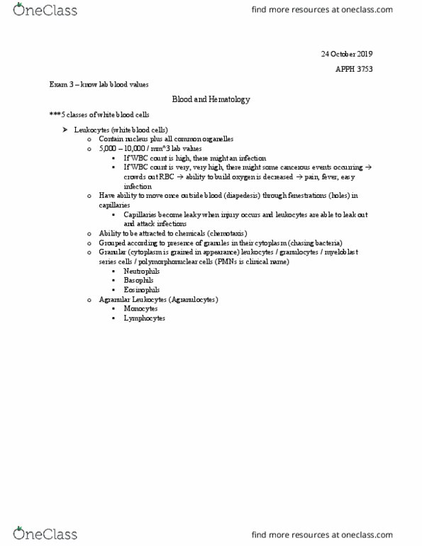 APPH 3753 Lecture Notes - Lecture 13: Hematology, Leukocyte Extravasation, White Blood Cell thumbnail