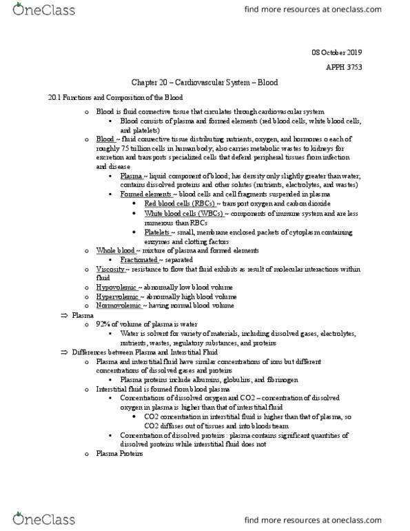 APPH 3753 Chapter Notes - Chapter 20: Extracellular Fluid, Circulatory System, Blood Plasma thumbnail