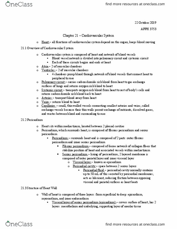 APPH 3753 Chapter Notes - Chapter 21: Pericardium, Pulmonary Circulation, Pleural Cavity thumbnail