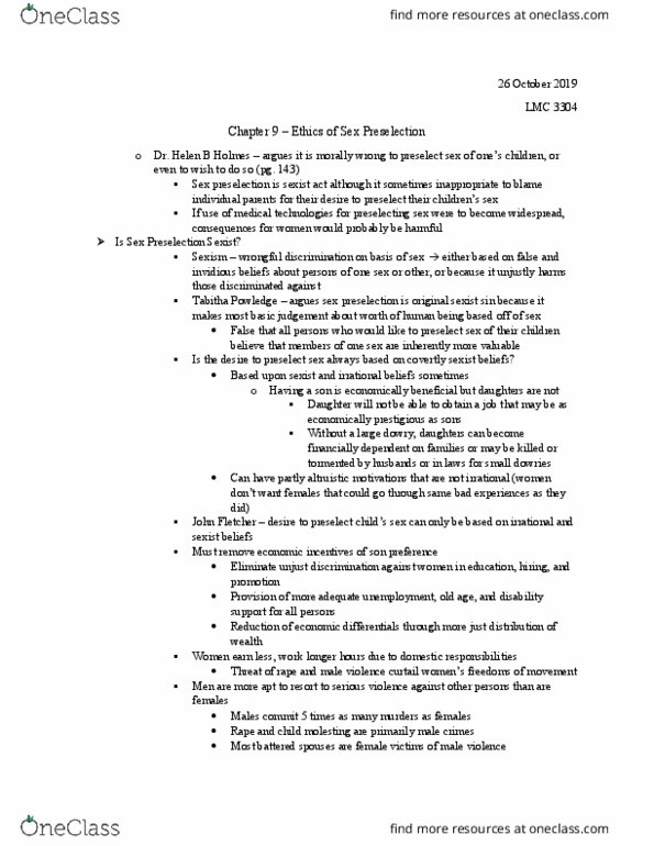 LMC 3304 Chapter Notes - Chapter 9: Sex Selection, Louis C. Powledge Unit, Compulsory Heterosexuality thumbnail