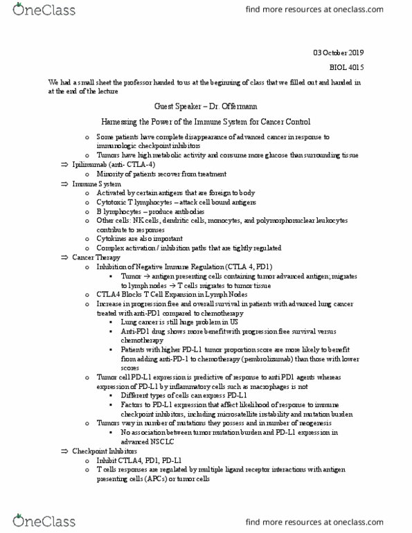 BIOL 4015 Lecture Notes - Lecture 13: Antigen-Presenting Cell, Cytotoxic T Cell, Tumor Antigen thumbnail