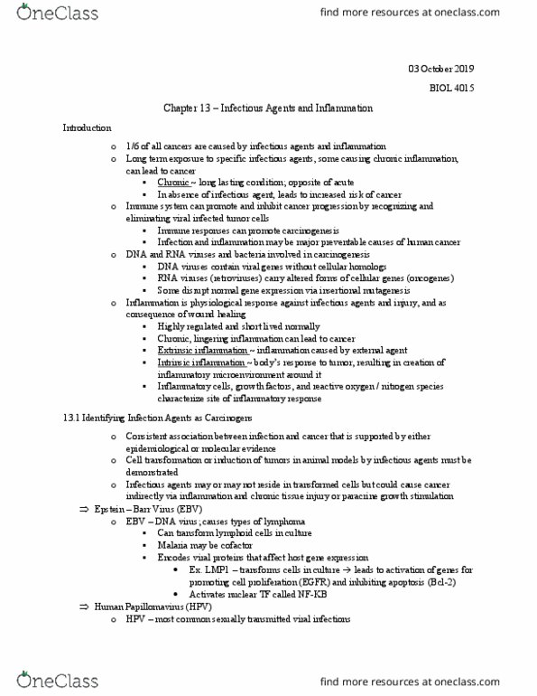 BIOL 4015 Chapter Notes - Chapter 13: Epstein–Barr Virus, Insertional Mutagenesis, Tumor Promotion thumbnail