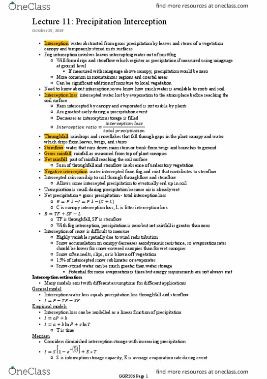 GGR206H1 Lecture Notes - Lecture 11: Throughfall, Rain Gauge, Throughflow thumbnail