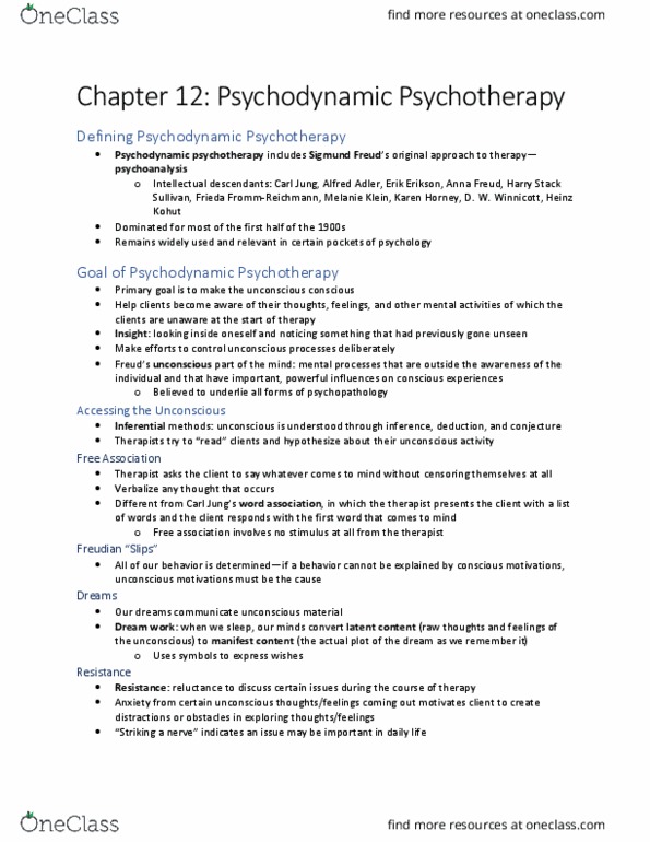 PSYC 3339 Chapter Notes - Chapter 12: Harry Stack Sullivan, Psychodynamic Psychotherapy, Heinz Kohut thumbnail