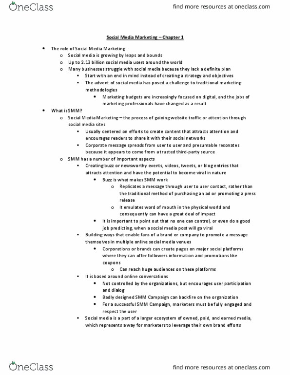 MAR4841 Chapter Notes - Chapter 1: Social Media Marketing, Earned Media, Gfk Entertainment Charts thumbnail