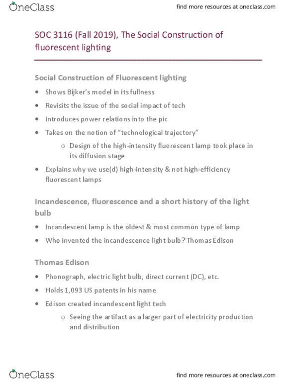 SOC 3116 Lecture Notes - Lecture 8: Incandescent Light Bulb, Fluorescent Lamp, Incandescence thumbnail
