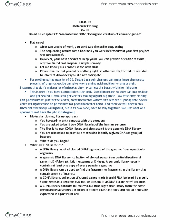 BIOCHEM 2B03 Lecture Notes - Lecture 19: Genomic Library, Phosphodiester Bond, Cloning thumbnail