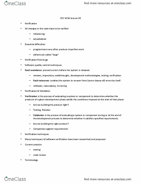 CSC 4110 Lecture Notes - Lecture 20: Code Review, Fault Tolerance, System Testing thumbnail