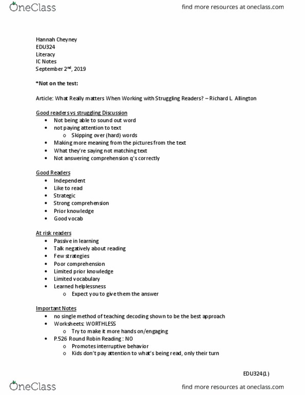 EDU 324 Lecture Notes - Lecture 1: Learned Helplessness, Phonological Awareness, Verbal Reasoning thumbnail