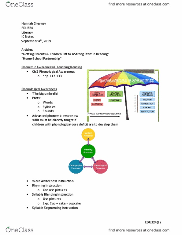 EDU 324 Lecture Notes - Lecture 2: Phonemic Awareness, Cupcake, Big Umbrella thumbnail