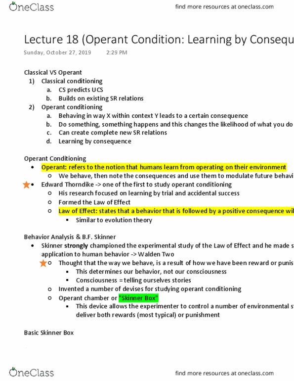 PSYA01H3 Lecture Notes - Lecture 18: Operant Conditioning, Operant Conditioning Chamber, Edward Thorndike thumbnail