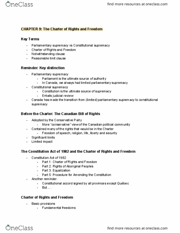 POL 2101 Lecture Notes - Lecture 9: Parliamentary Sovereignty, Section 33 Of The Canadian Charter Of Rights And Freedoms, Individualism thumbnail