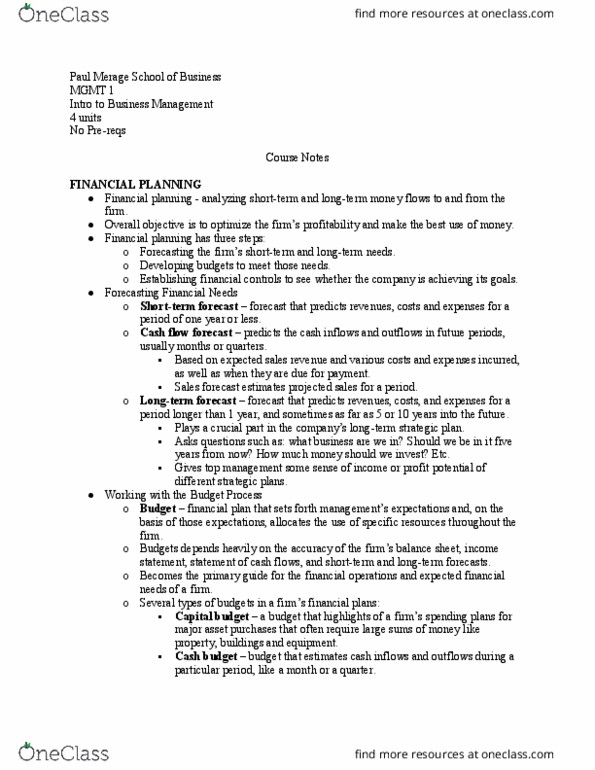 MGMT 1 Lecture Notes - Lecture 30: Merage Family, Financial Plan, Cash Flow thumbnail