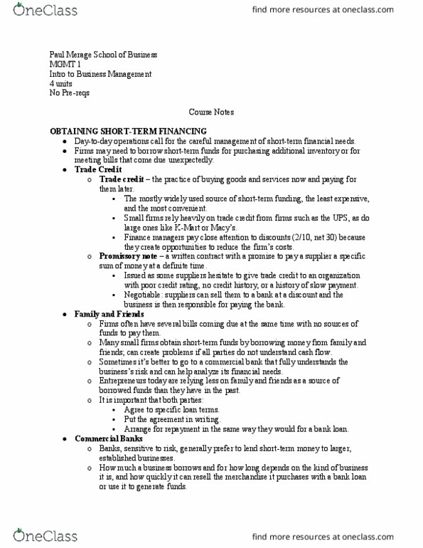 MGMT 1 Lecture Notes - Lecture 31: Merage Family, Trade Credit, Commercial Bank thumbnail