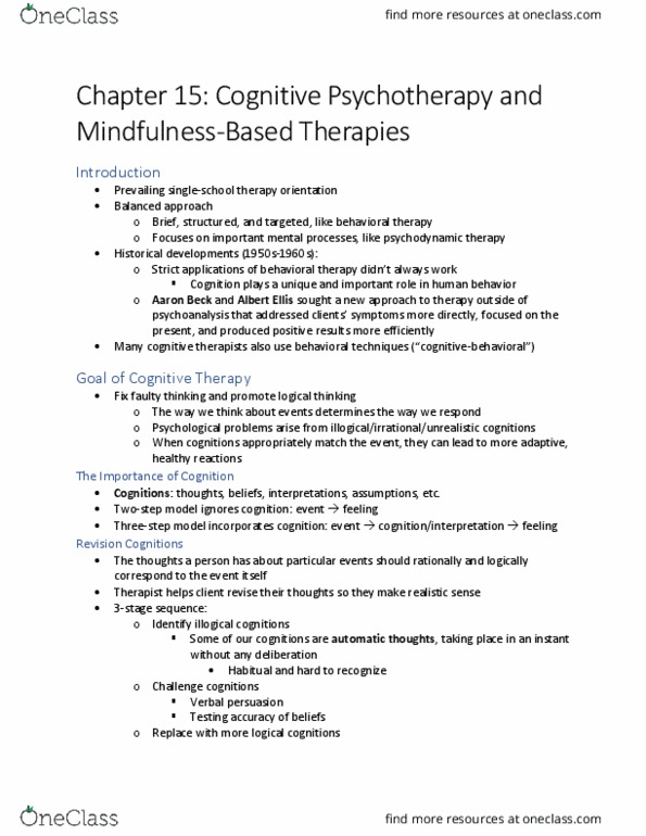 PSYC 3339 Chapter Notes - Chapter 15: Aaron T. Beck, Cognitive Therapy, Behaviorism thumbnail