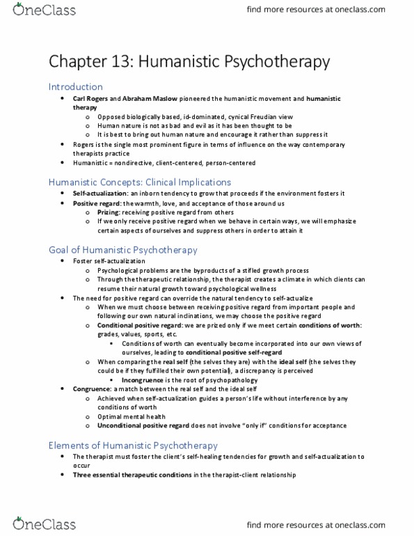 PSYC 3339 Chapter Notes - Chapter 13: Unconditional Positive Regard, Abraham Maslow, Therapeutic Relationship thumbnail